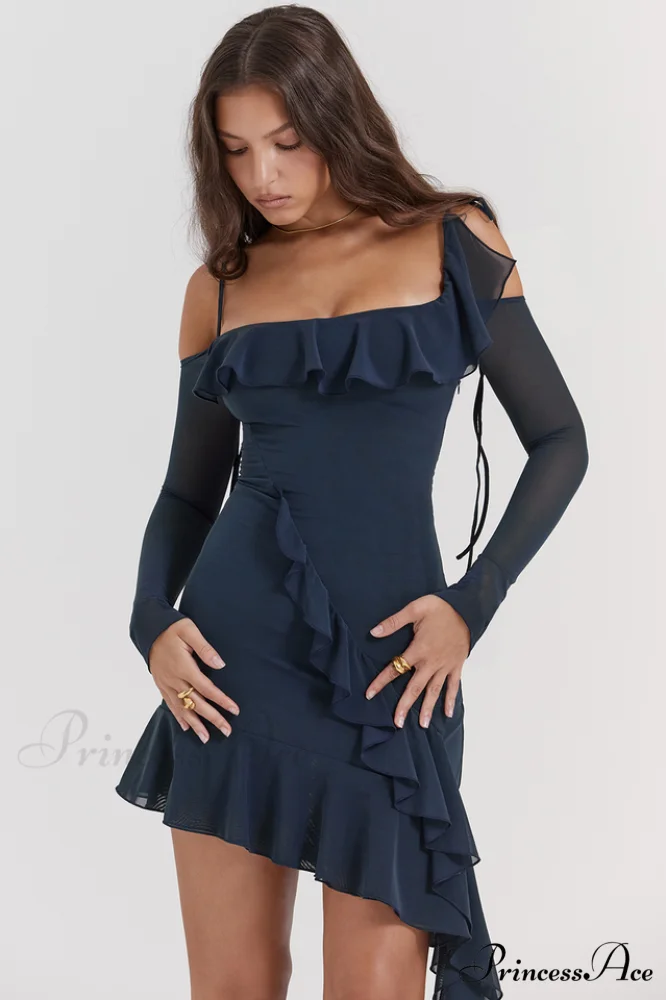 French Navy Stylish Ruffle Mini Dress - Image 2