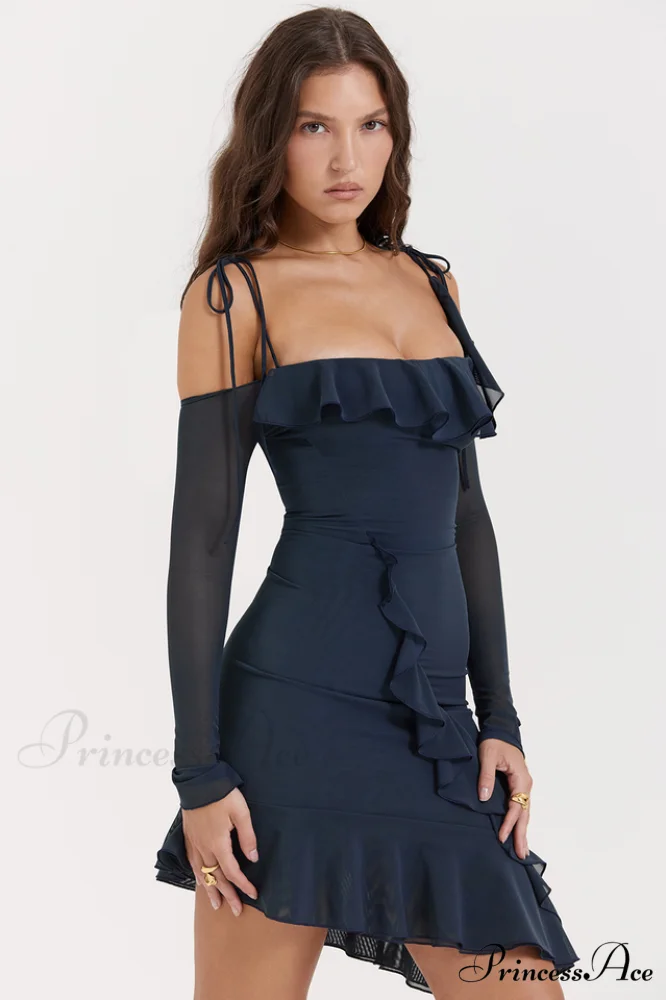 French Navy Stylish Ruffle Mini Dress - Image 3