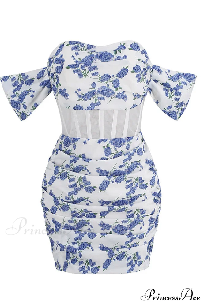 Blue Print Ruched Charming Floral Mini Dress - Image 5
