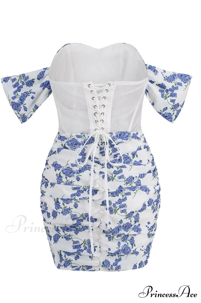 Blue Print Ruched Charming Floral Mini Dress - Image 6