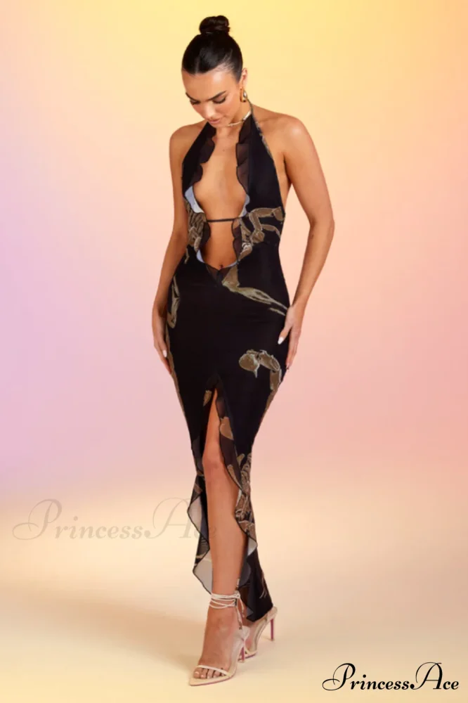Deep V Ruffle Charming Detail Maxi Dress - Image 4