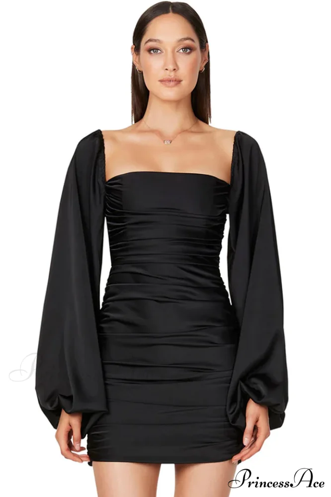 Glossy Satin Square Charming Neck Mini Dress - Image 10