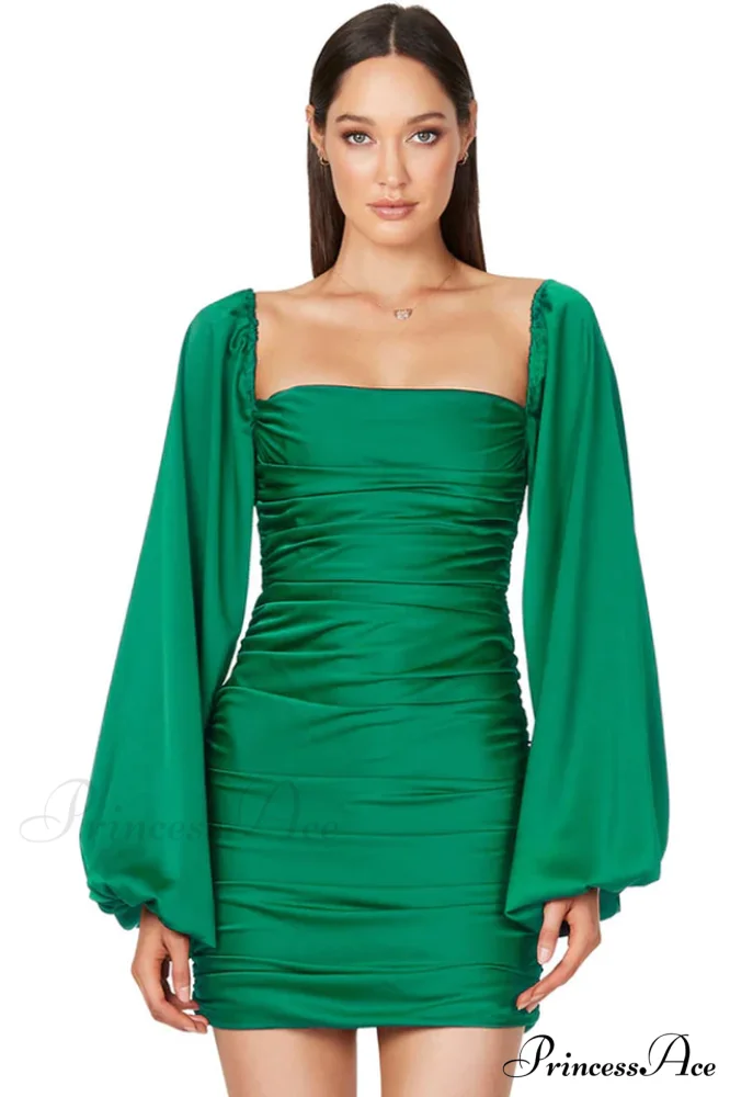 Glossy Satin Square Charming Neck Mini Dress - Image 6