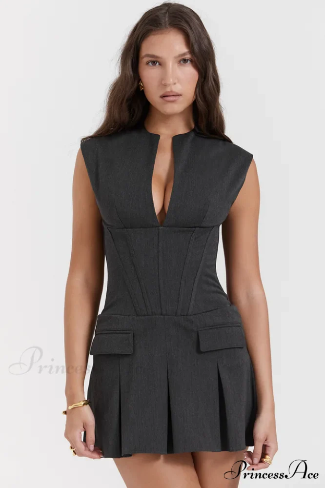 Charcoal Gray Stylish Pleated Belted Dress - Image 2