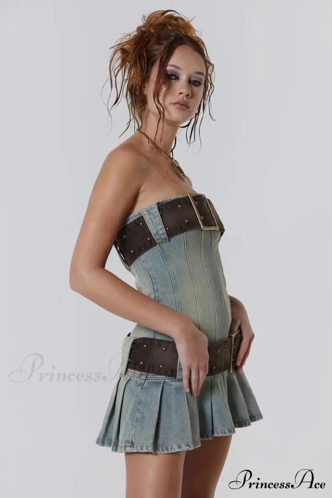 Chelsea Denim Stylish Kilt Mini Dress - Image 6