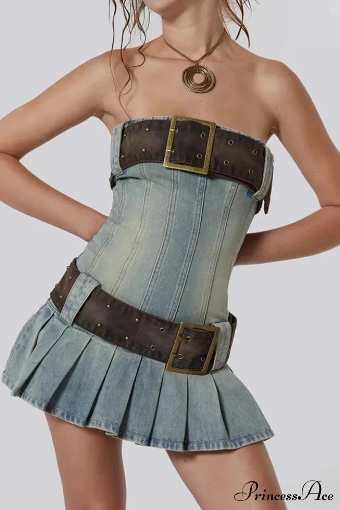 Chelsea Denim Stylish Kilt Mini Dress - Image 7