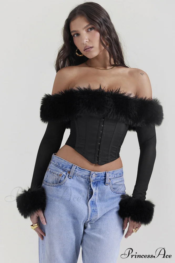 Black Faux Stylish Fur Trimmed Bustier - Image 2