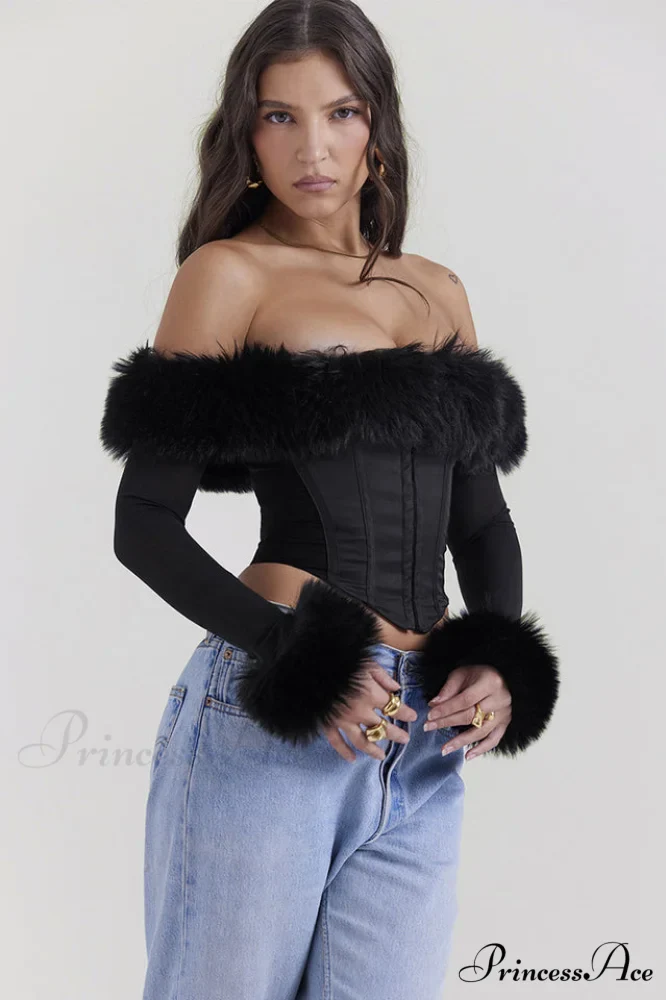 Black Faux Stylish Fur Trimmed Bustier - Image 3