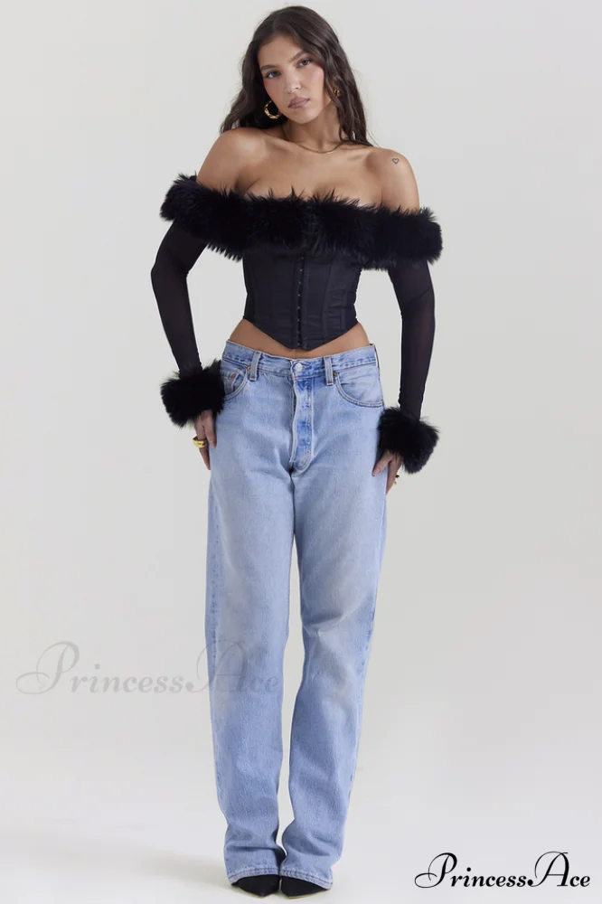 Black Faux Stylish Fur Trimmed Bustier - Image 5