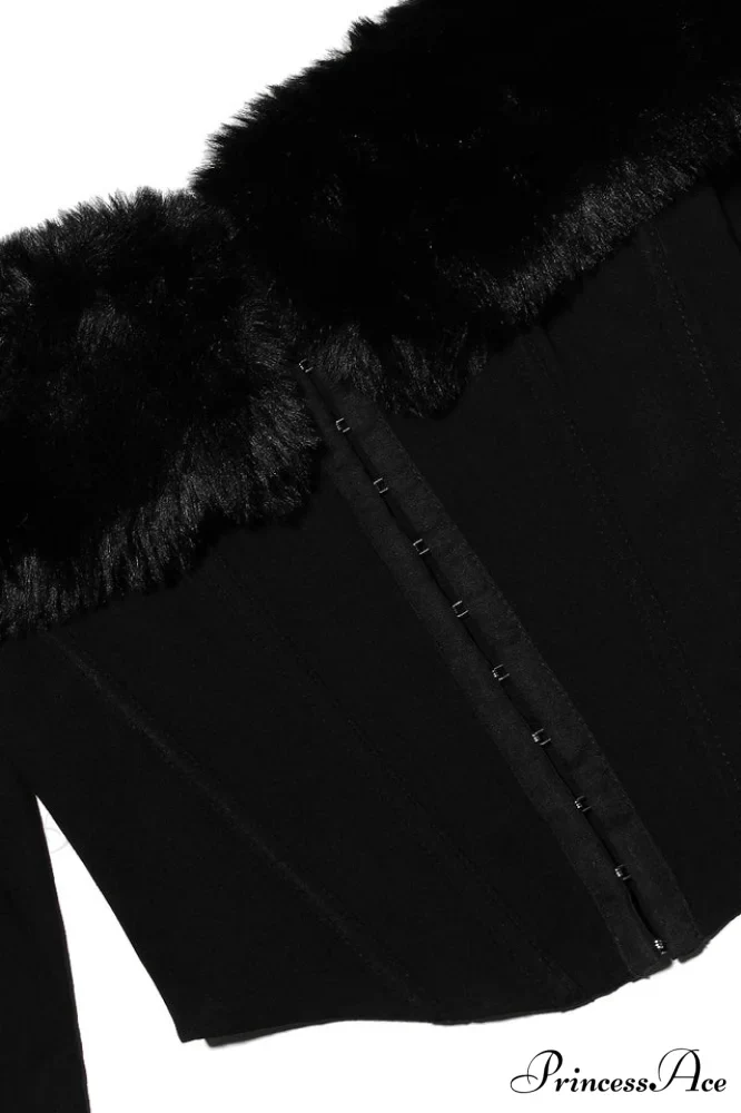 Black Faux Stylish Fur Trimmed Bustier - Image 7