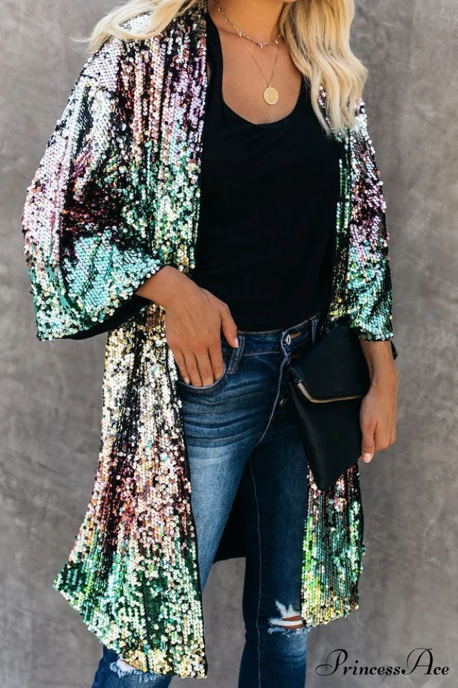 Colorful Mid-Length Stylish Sequin Cardigan - Image 2