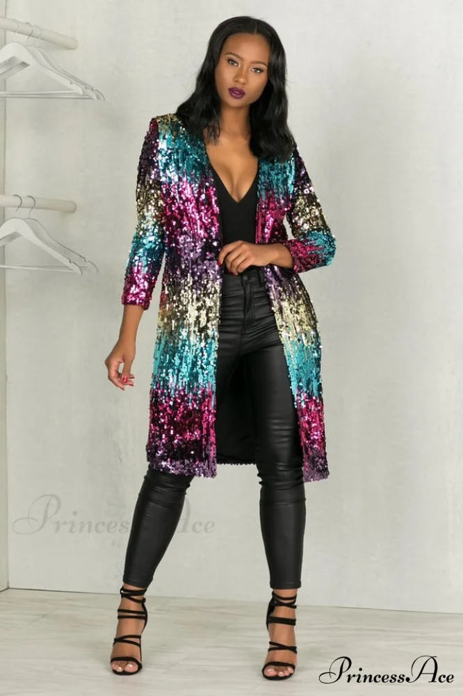 Colorful Mid-Length Stylish Sequin Cardigan - Image 4