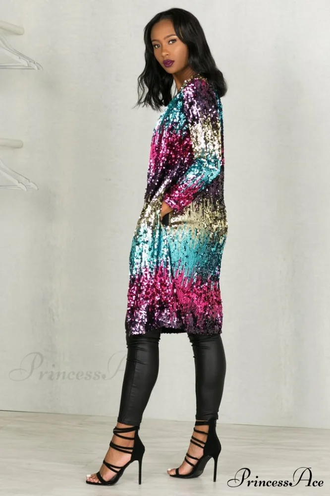 Colorful Mid-Length Stylish Sequin Cardigan - Image 5