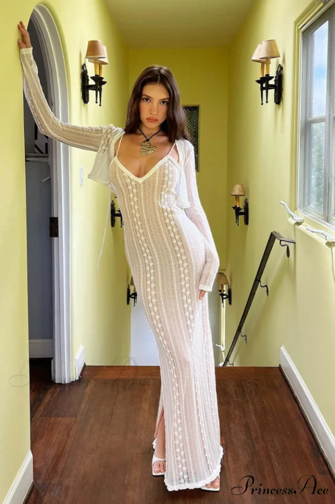 Lace V Neck Charming Slit Two-Piece Dress - Image 3