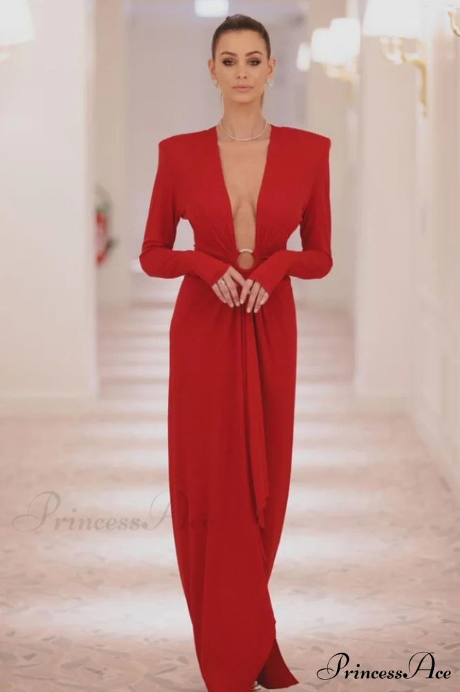 Draped Ring Detailed Charming Deep V Neck Dress - Image 19