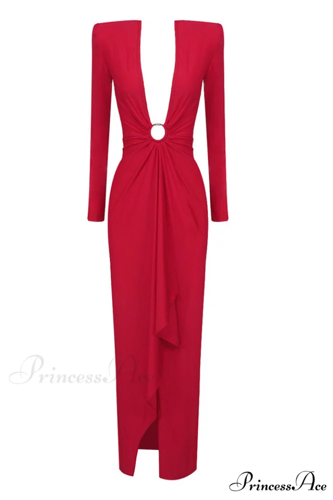 Draped Ring Detailed Charming Deep V Neck Dress - Image 30
