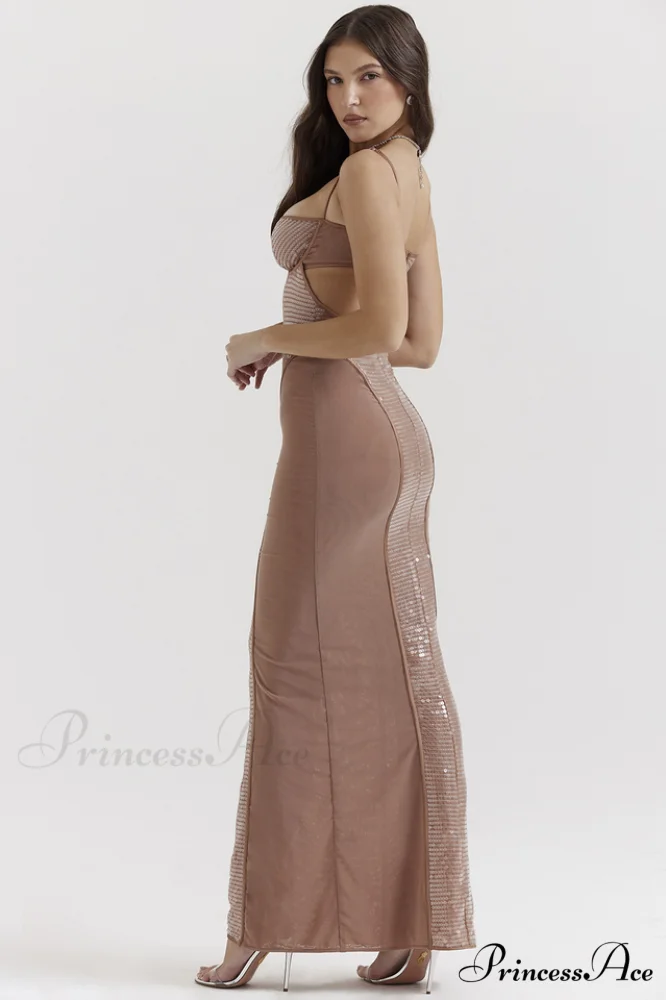 Bonita Brown Stylish Sequined Maxi Dress - Image 3