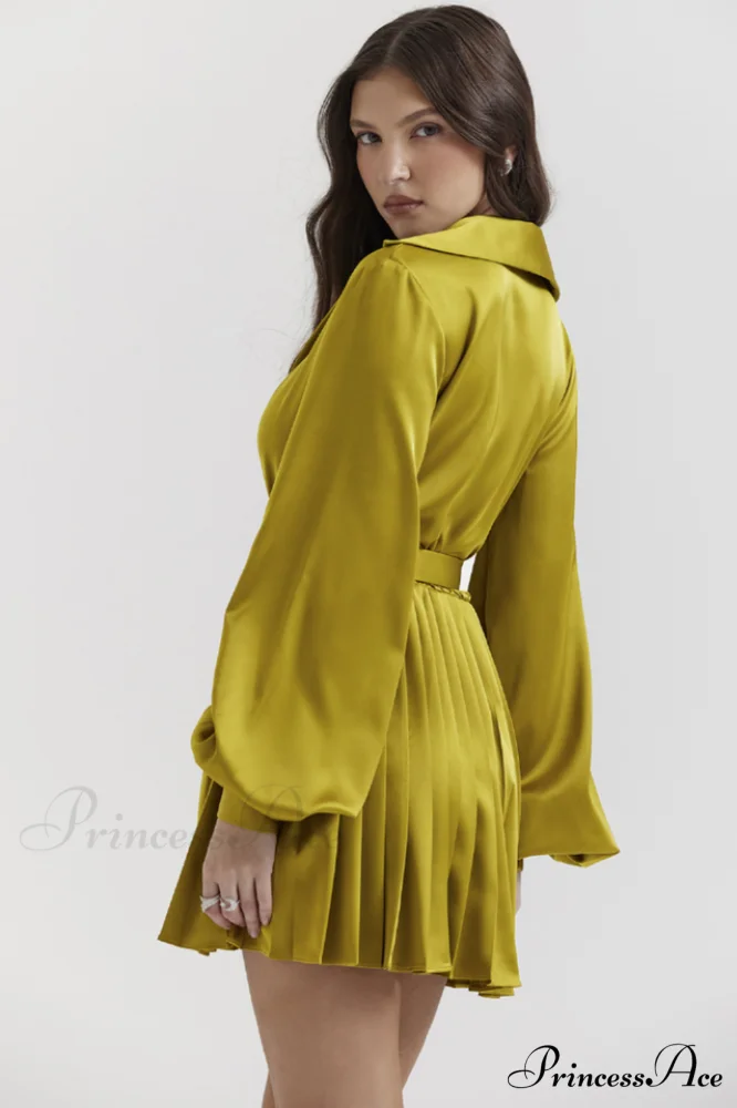Allegra Chartreuse Stylish Pleated Shirt Dress - Image 2