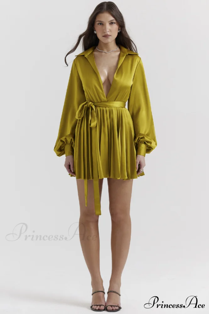 Allegra Chartreuse Stylish Pleated Shirt Dress - Image 3