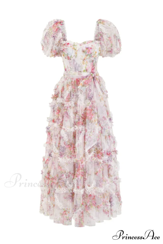 Floral Tulle Puff Sleeve Graceful Bow Tie Maxi Dress - Image 10