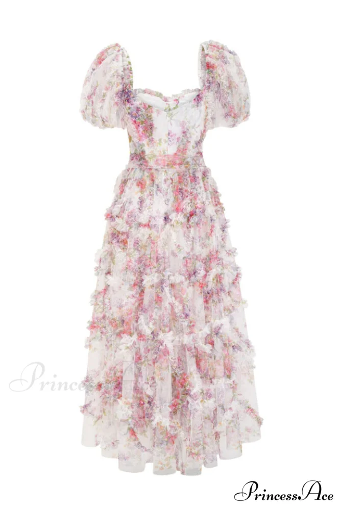 Floral Tulle Puff Sleeve Graceful Bow Tie Maxi Dress - Image 11