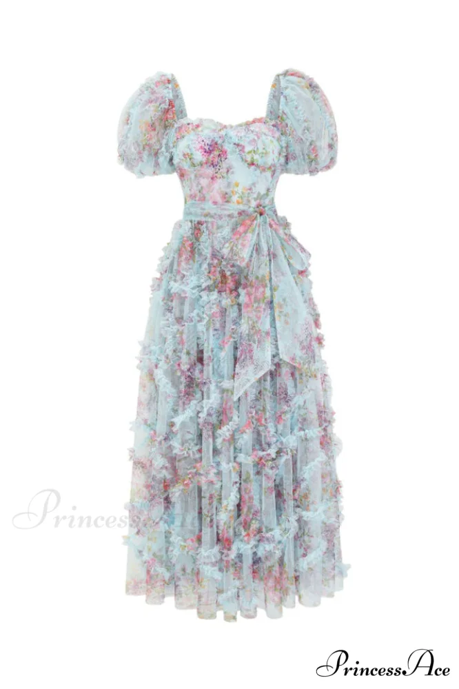 Floral Tulle Puff Sleeve Graceful Bow Tie Maxi Dress - Image 12