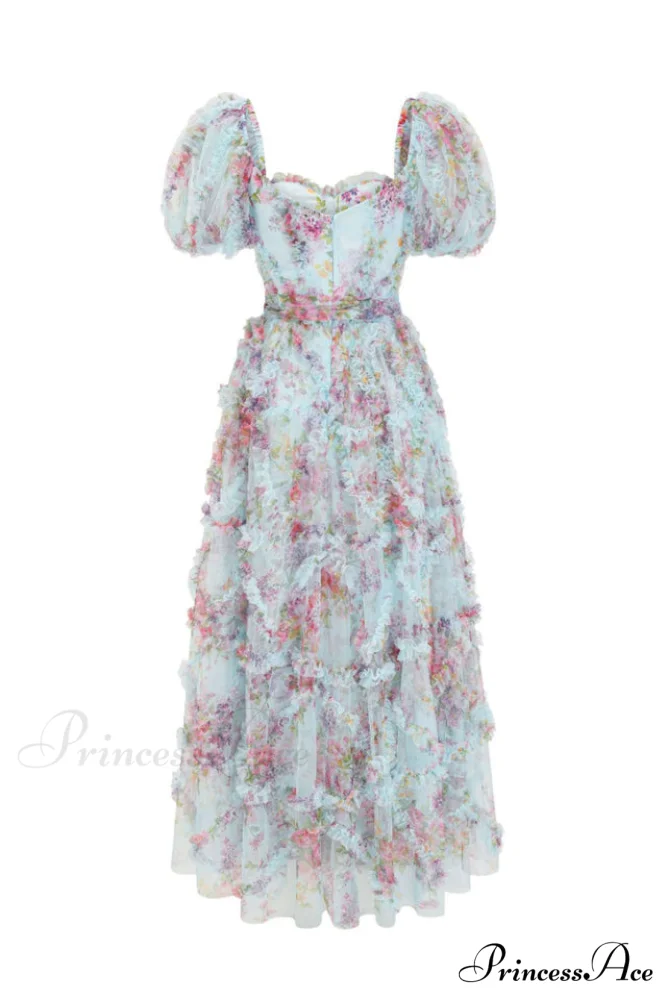 Floral Tulle Puff Sleeve Graceful Bow Tie Maxi Dress - Image 13