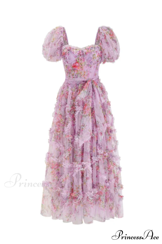 Floral Tulle Puff Sleeve Graceful Bow Tie Maxi Dress - Image 14
