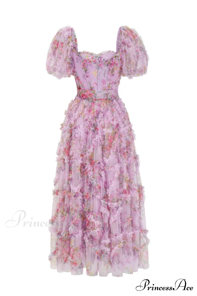 Floral Tulle Puff Sleeve Graceful Bow Tie Maxi Dress - Image 15
