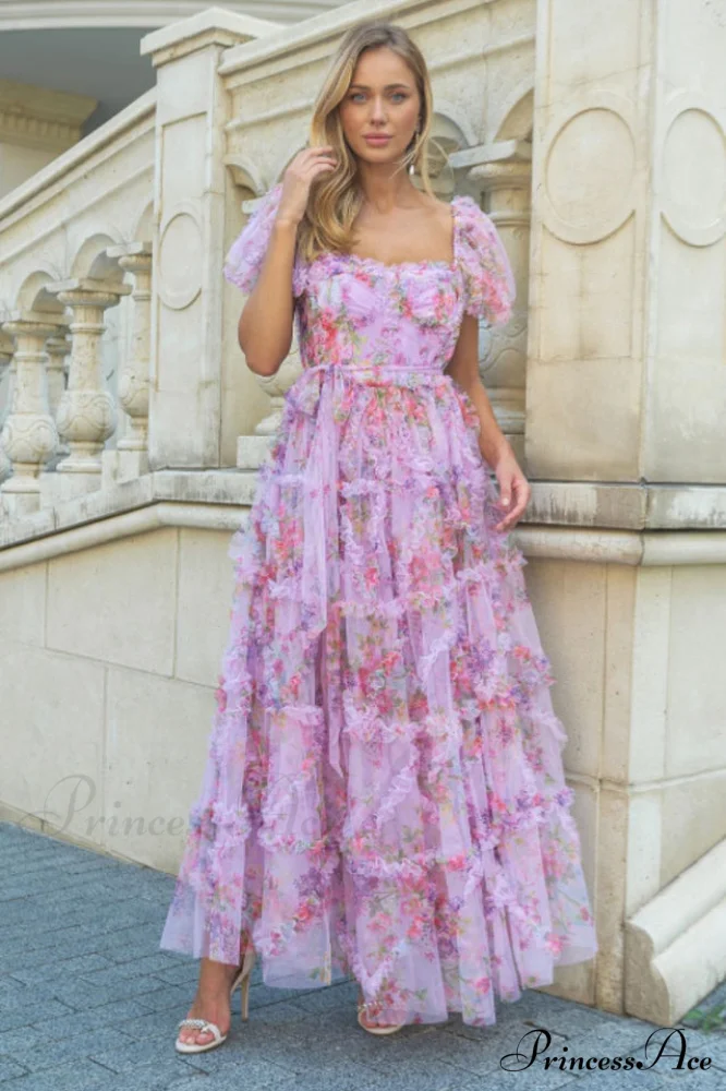 Floral Tulle Puff Sleeve Graceful Bow Tie Maxi Dress - Image 4