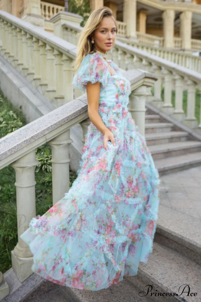 Floral Tulle Puff Sleeve Graceful Bow Tie Maxi Dress - Image 9