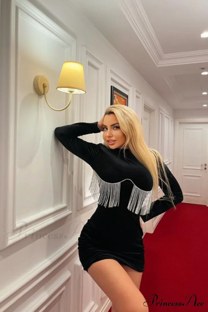 Black Crystal Fringe Charming Velvet Mini Dress - Image 10