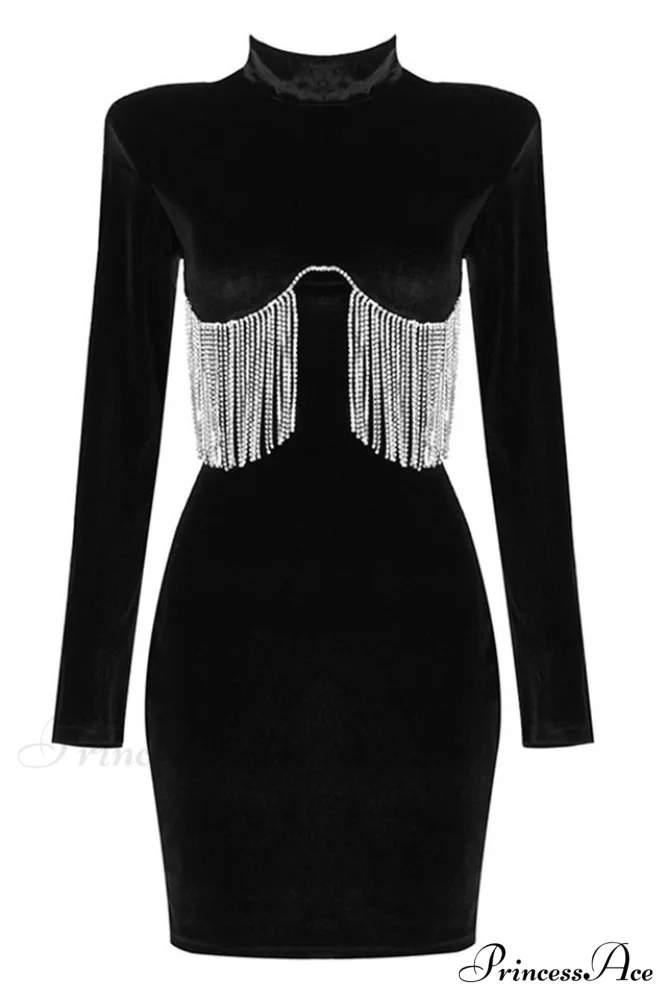 Black Crystal Fringe Charming Velvet Mini Dress - Image 12
