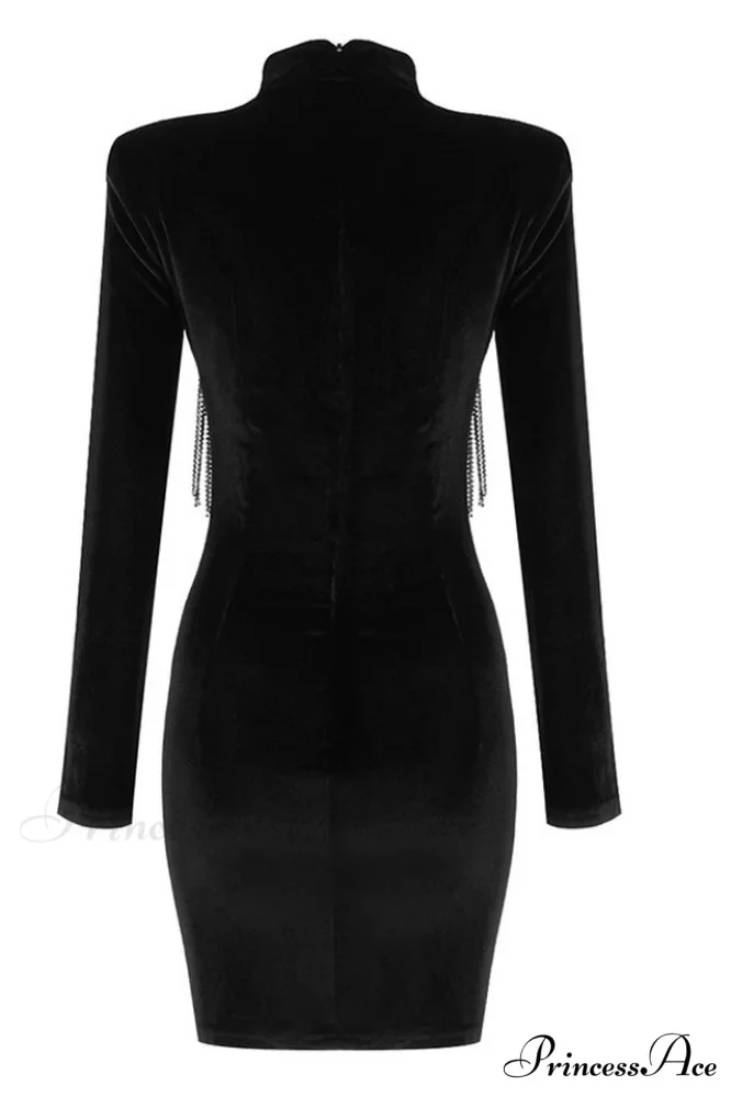 Black Crystal Fringe Charming Velvet Mini Dress - Image 13