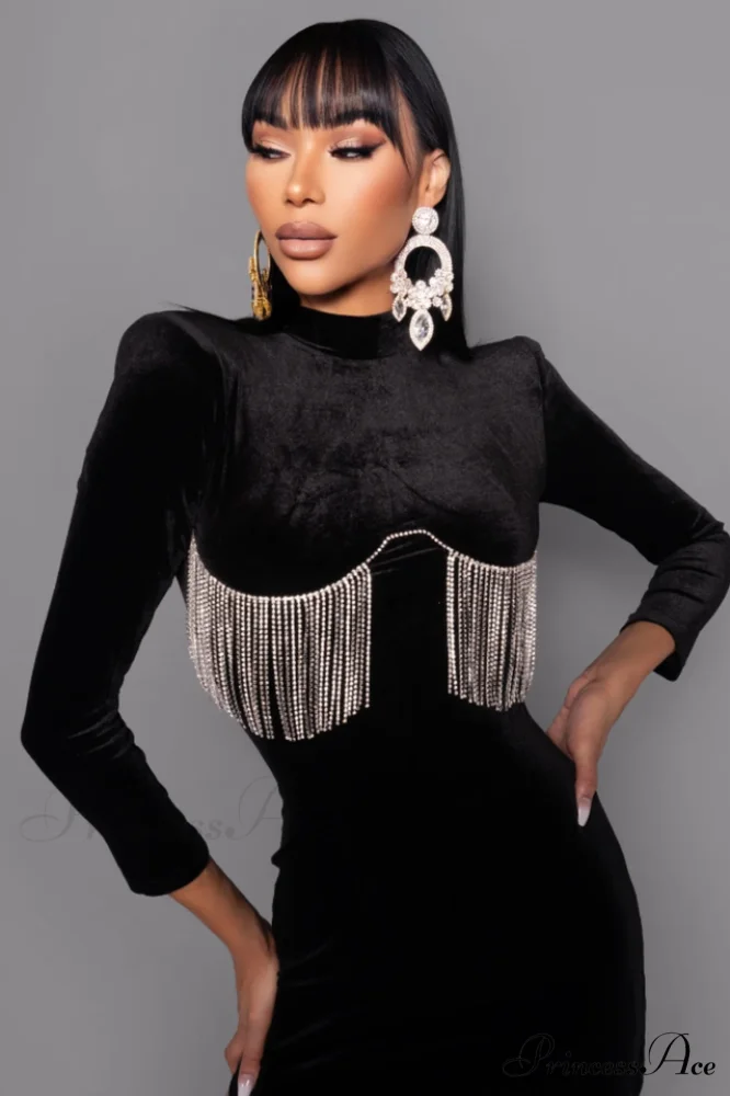 Black Crystal Fringe Charming Velvet Mini Dress - Image 6