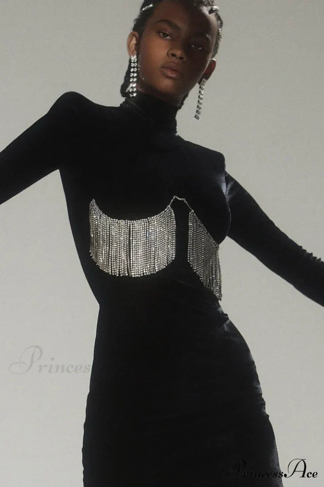 Black Crystal Fringe Charming Velvet Mini Dress - Image 8