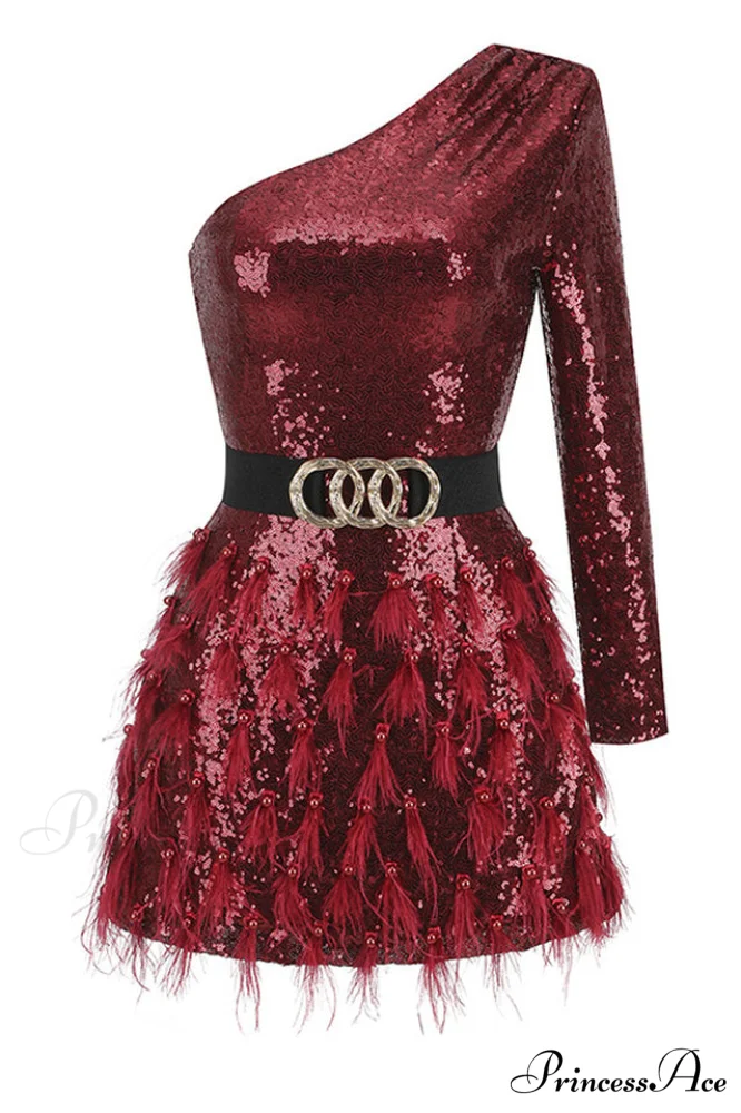 Daria One Shoulder Charming Sequin Feather Dress - Image 10