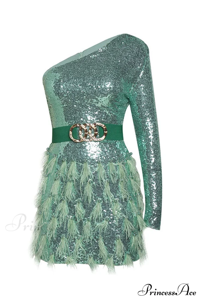 Daria One Shoulder Charming Sequin Feather Dress - Image 11