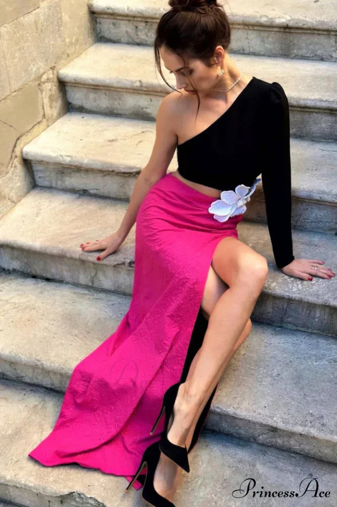 Jacquard One-Shoulder Stylish Flower Appliqu鑼?Dress - Image 12