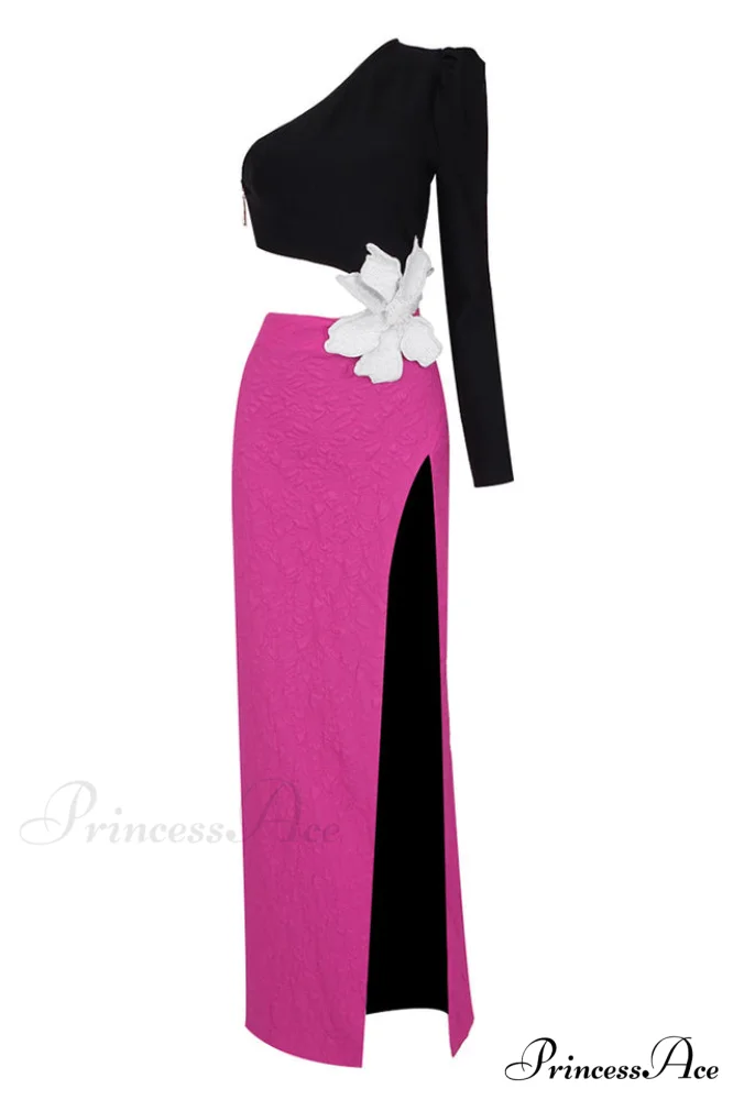 Jacquard One-Shoulder Stylish Flower Appliqu鑼?Dress - Image 15