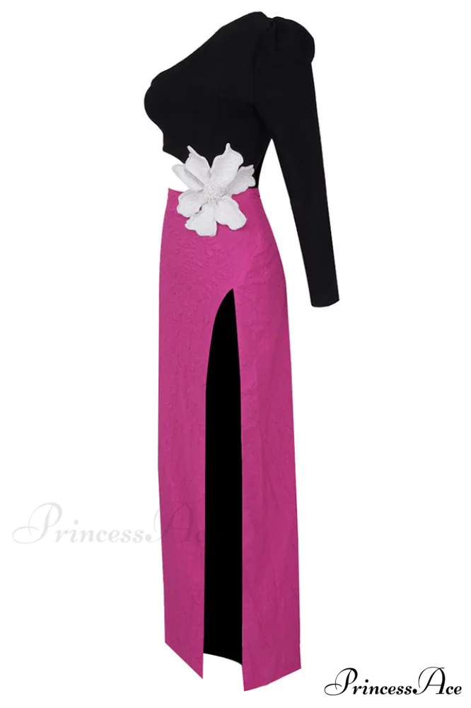Jacquard One-Shoulder Stylish Flower Appliqu鑼?Dress - Image 16