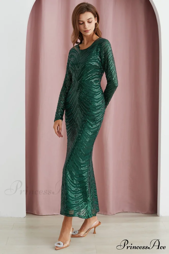 Dark Green Stylish Sequin Mermaid Gown - Image 2