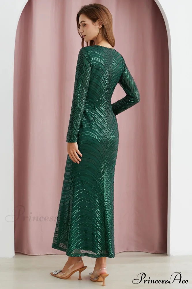 Dark Green Stylish Sequin Mermaid Gown - Image 4