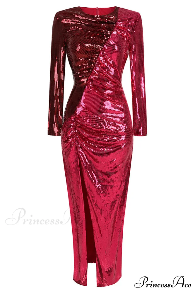 Burgundy Ruched Stylish Sequined Maxi Dress - Image 10