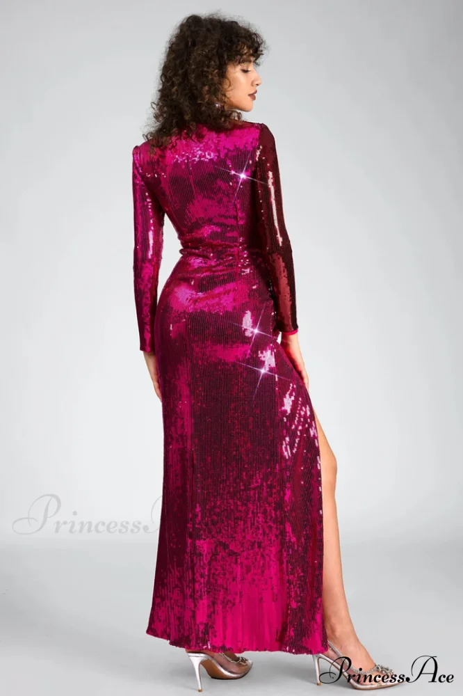 Burgundy Ruched Stylish Sequined Maxi Dress - Image 4