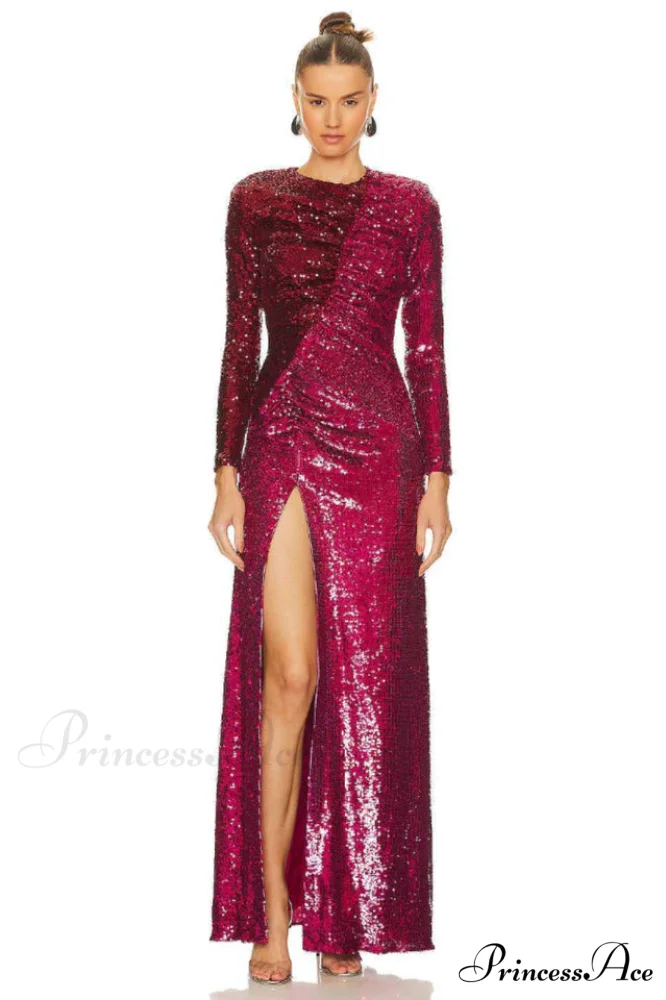 Burgundy Ruched Stylish Sequined Maxi Dress - Image 7