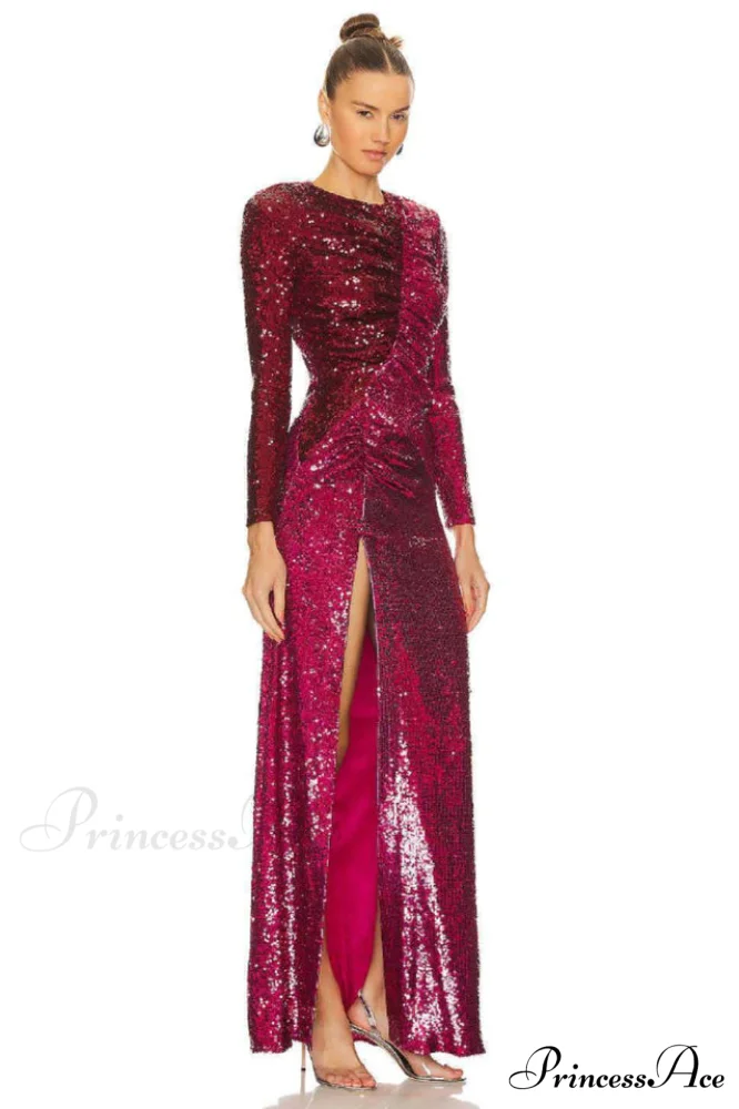 Burgundy Ruched Stylish Sequined Maxi Dress - Image 8