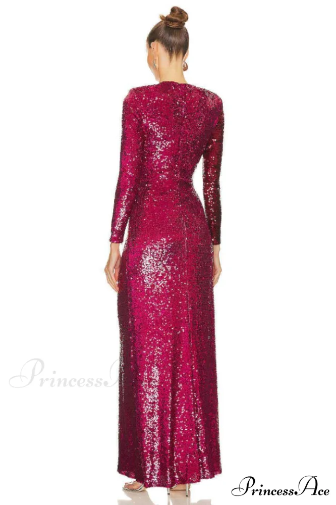 Burgundy Ruched Stylish Sequined Maxi Dress - Image 9