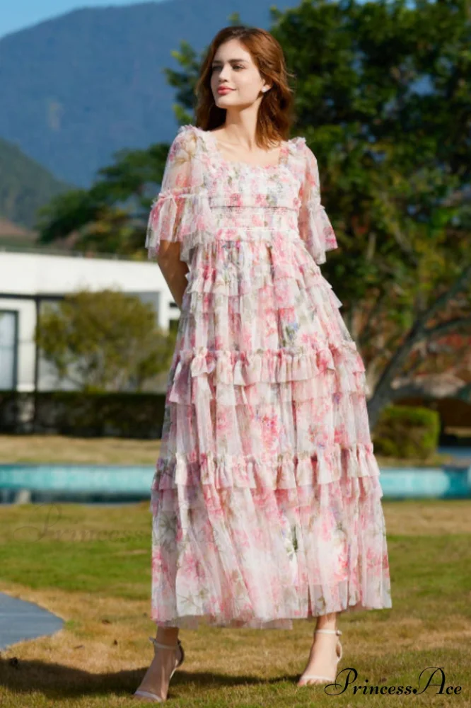 Floral Tulle Ruffle Charming Layered Maxi Dress - Image 2