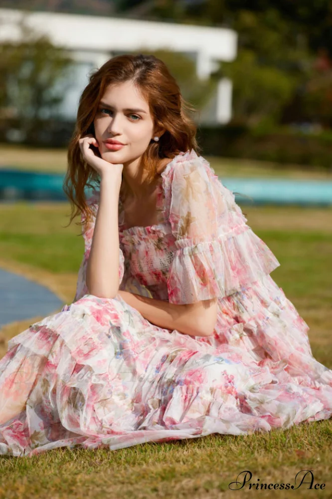 Floral Tulle Ruffle Charming Layered Maxi Dress - Image 3